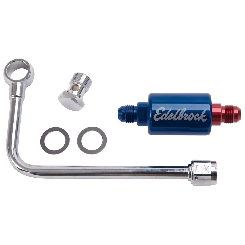Edelbrock 8134 Chrome Steel Fuel Line Kit With Blue Anodized Aluminum Filter